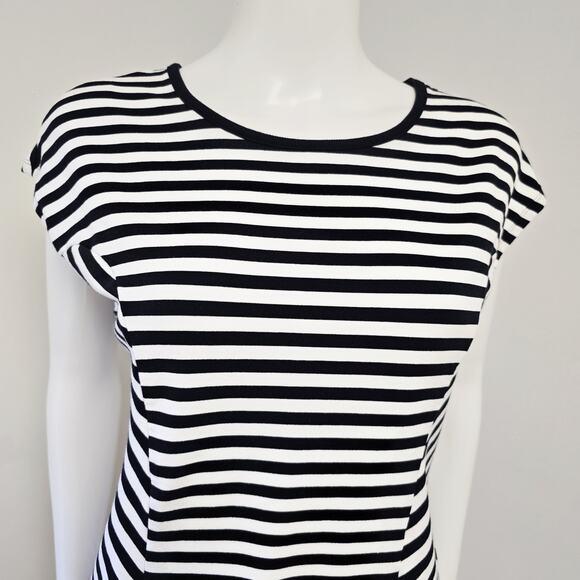 CAbi Knit Top Size M Illusion Black White Stripe Short Sleeve French Terry #6337 - Picture 2 of 8